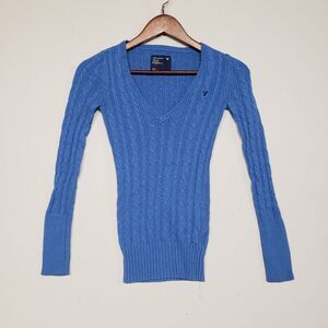 American Eagle Outfitters Sweater Womens S Y2K Cable Knit V Neck Vintage Blue